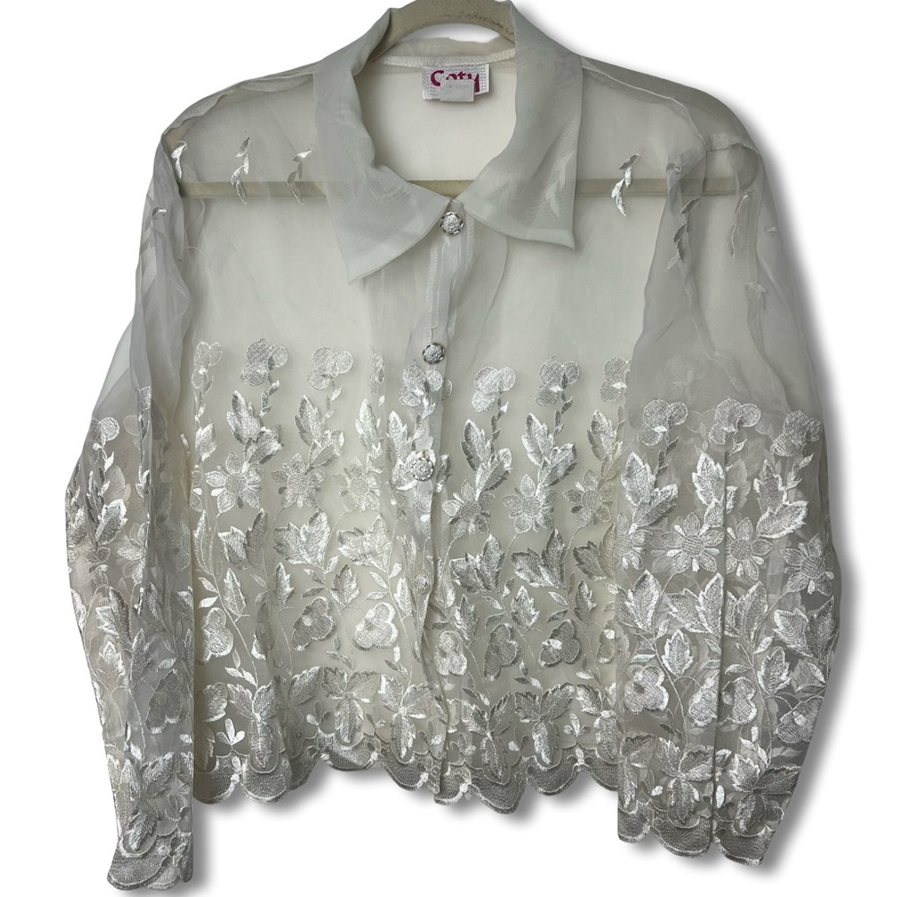 VTG Coty USA Ivory Sheer Rayon Floral Embroidered Blouse Silver‎ Buttons 90s XL